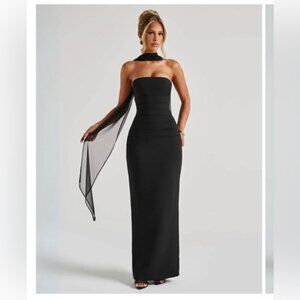 Athene Black Vesper maxi dress/black wedding guest dress with neck scarf